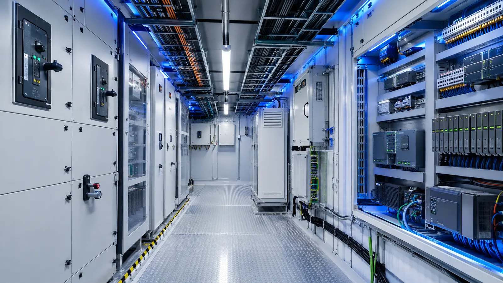 Containerised Energy Management Controls | P&P Solar Power-conversion switchgear and controls inside a containerised energy system