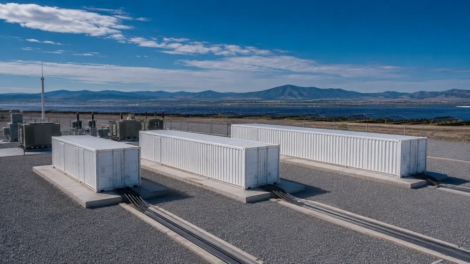 High-Capacity Containerised Battery Storage Sizing | P&P Solar Multiple modular containerised battery systems arranged for scalable power and energy capacity